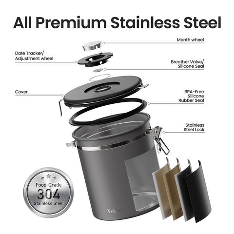 Veken coffee canister showing free stainless steel scoop for easy dosing.