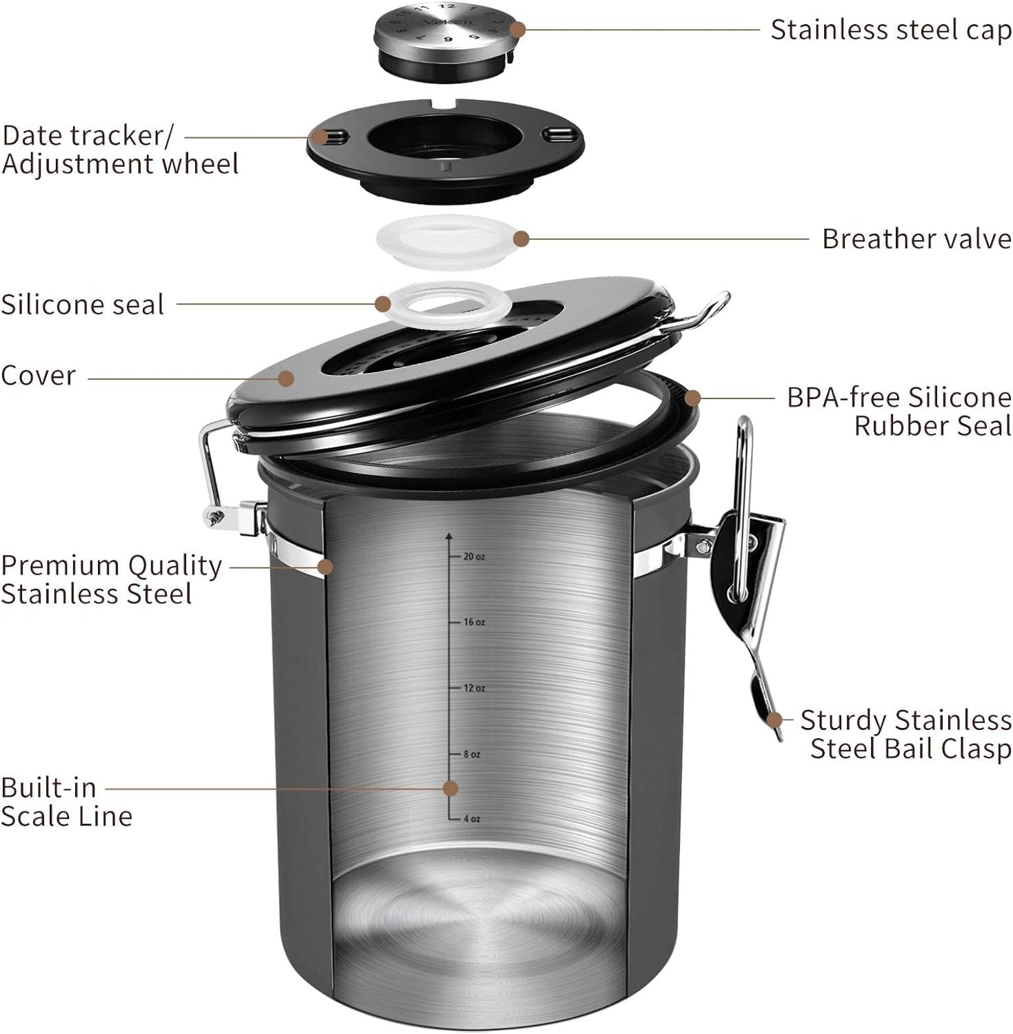 Veken scale line aids precise measuring for consistent brews.