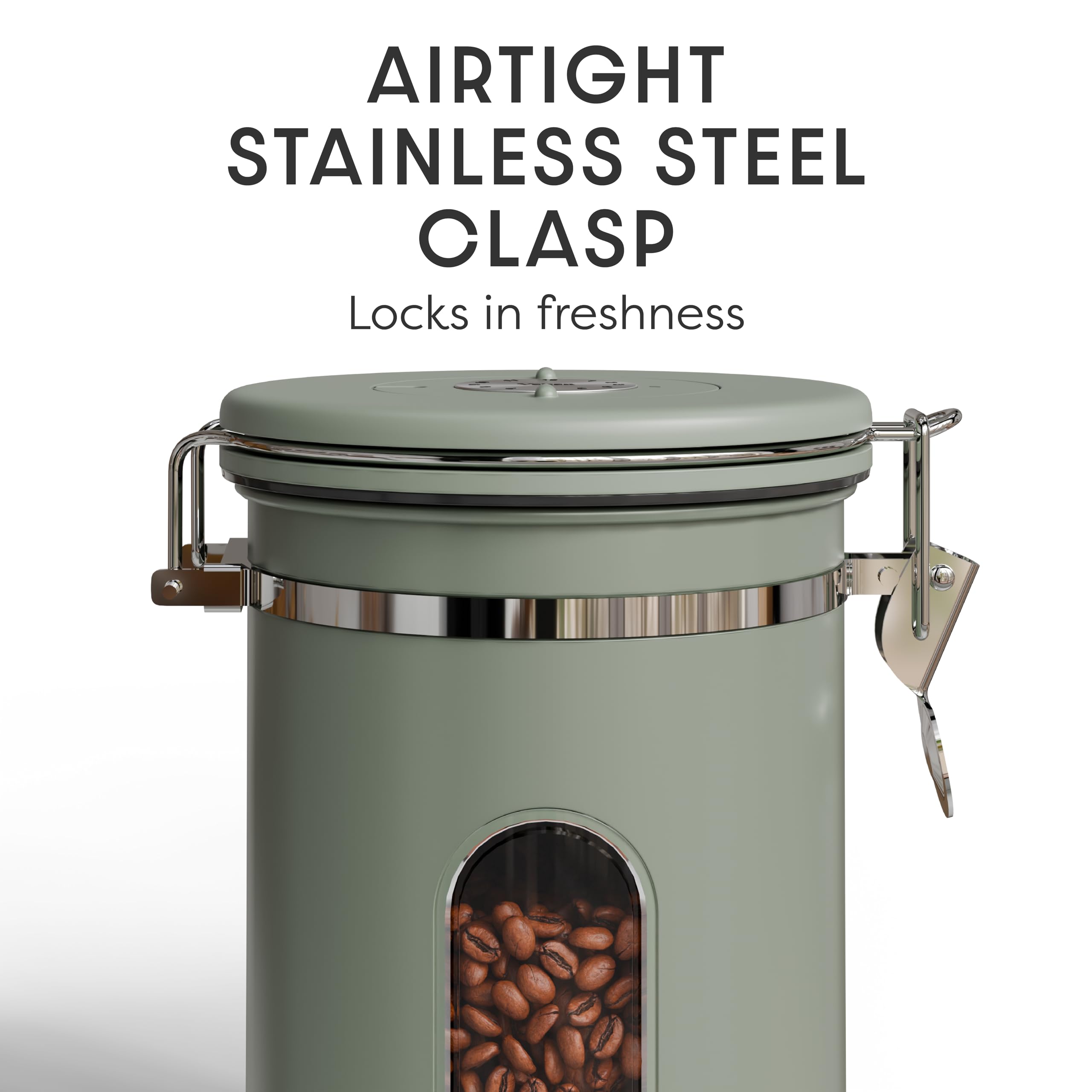 Free stainless steel scoop clips to the lid for quick measuring.