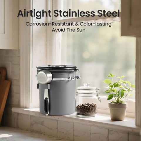 Veken coffee canister stainless steel body conveys durability and premium feel.