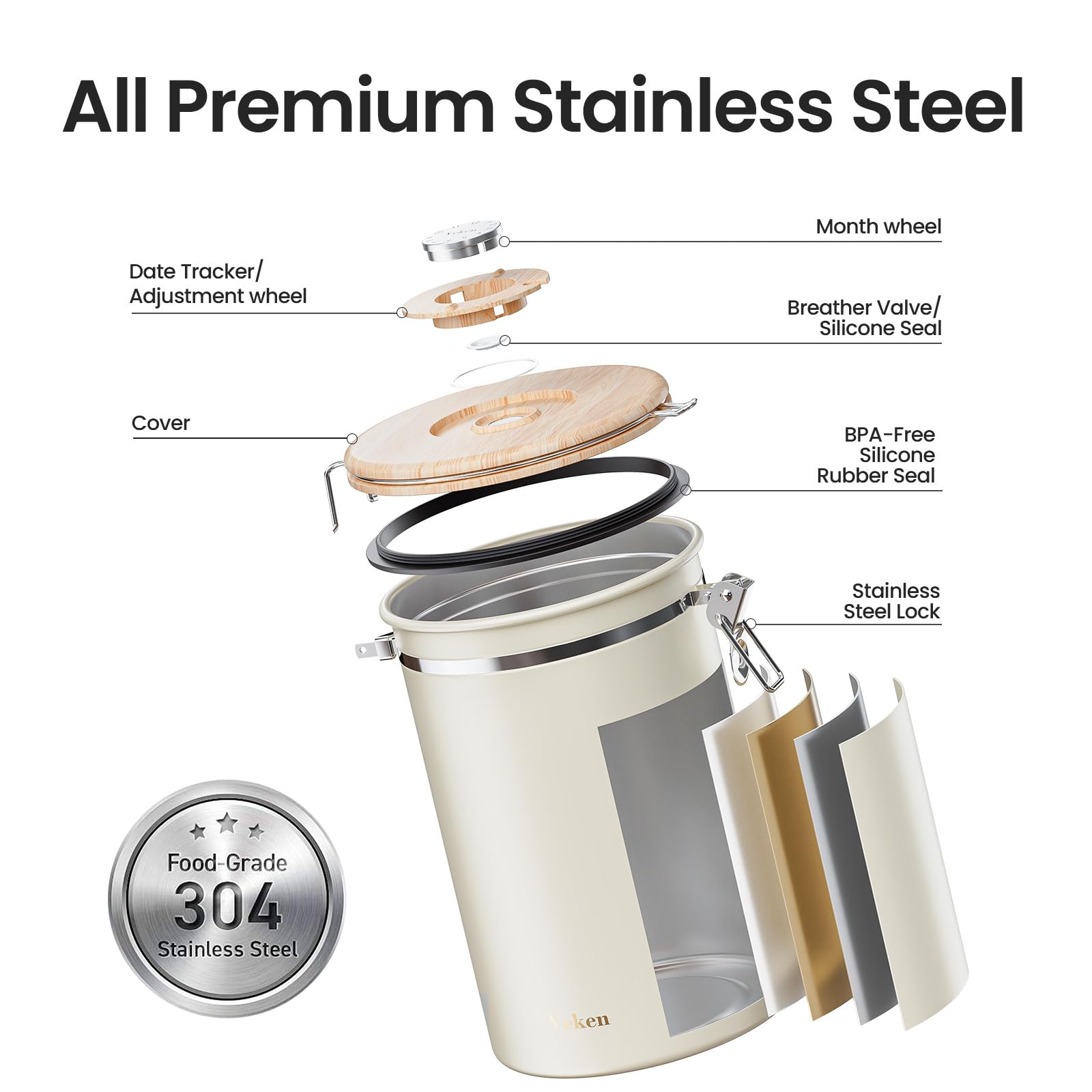 Veken stainless steel canister includes a scoop with hook.