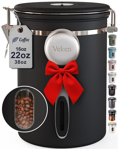 Veken coffee canister with window shows remaining beans at a glance.