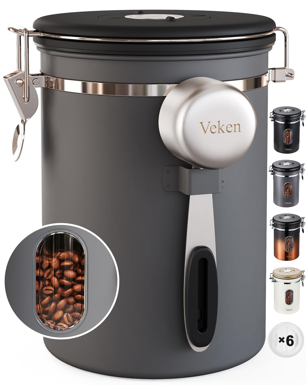 Veken coffee canister with window shows remaining beans at a glance.