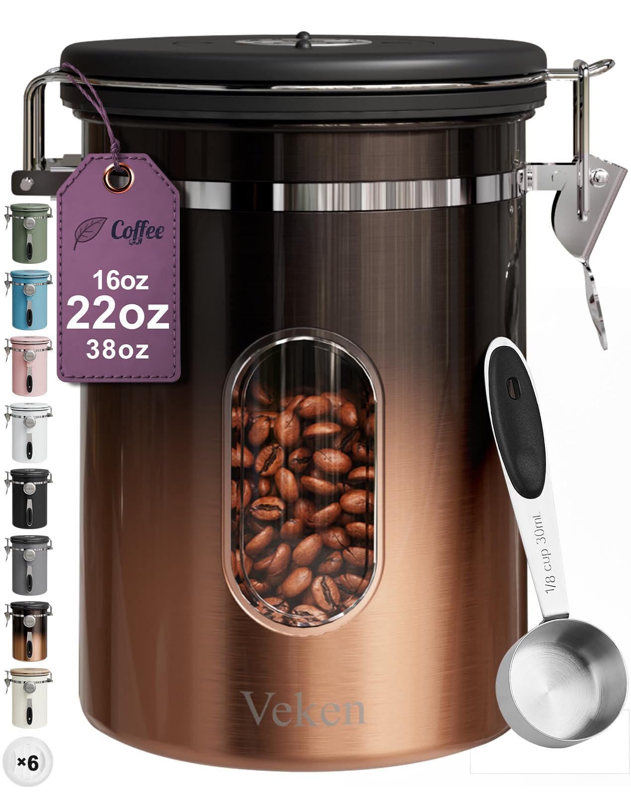 Veken coffee canister with window keeps beans visible while preserving freshness.