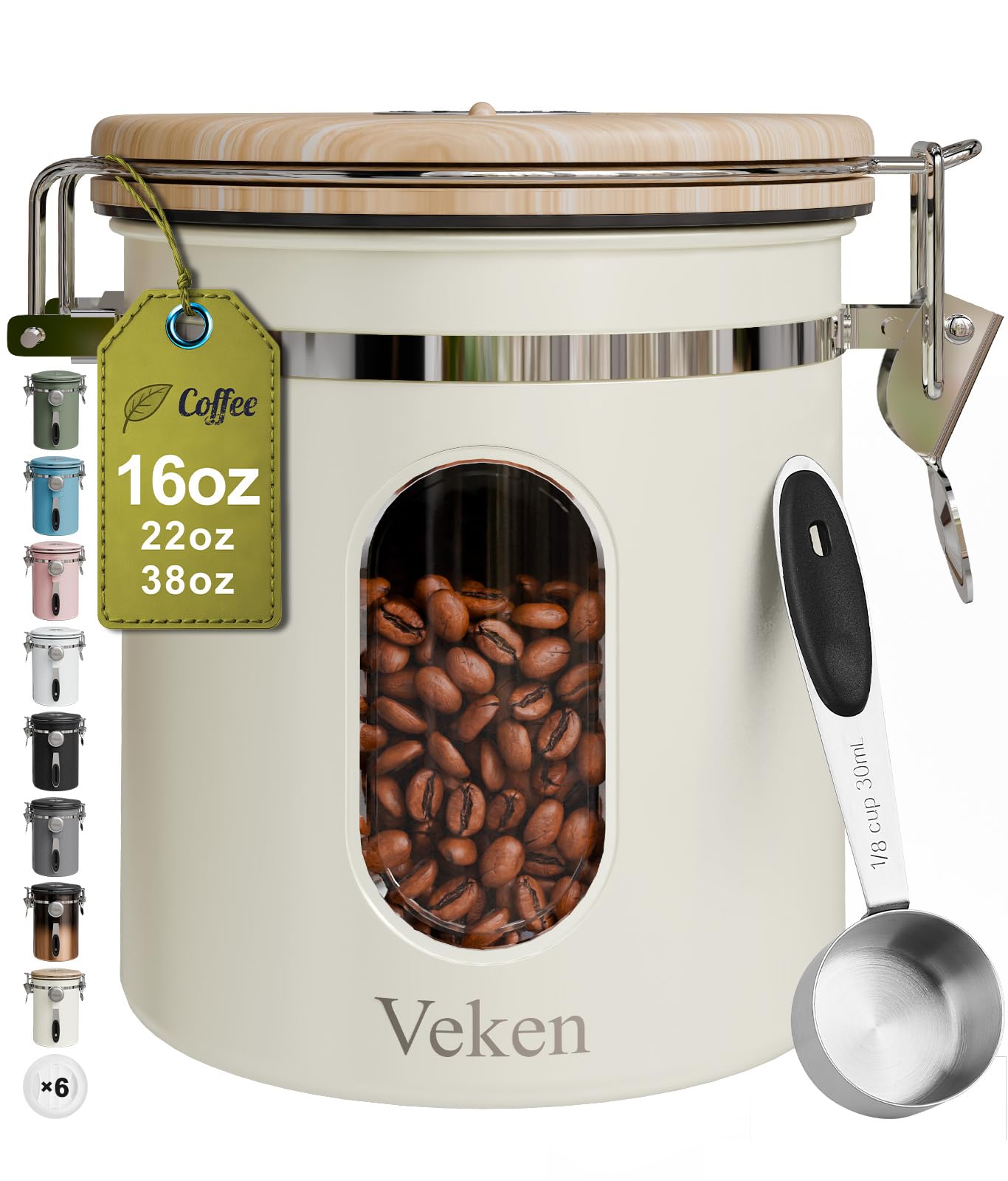 Veken coffee canister with window shows bean amount and freshness