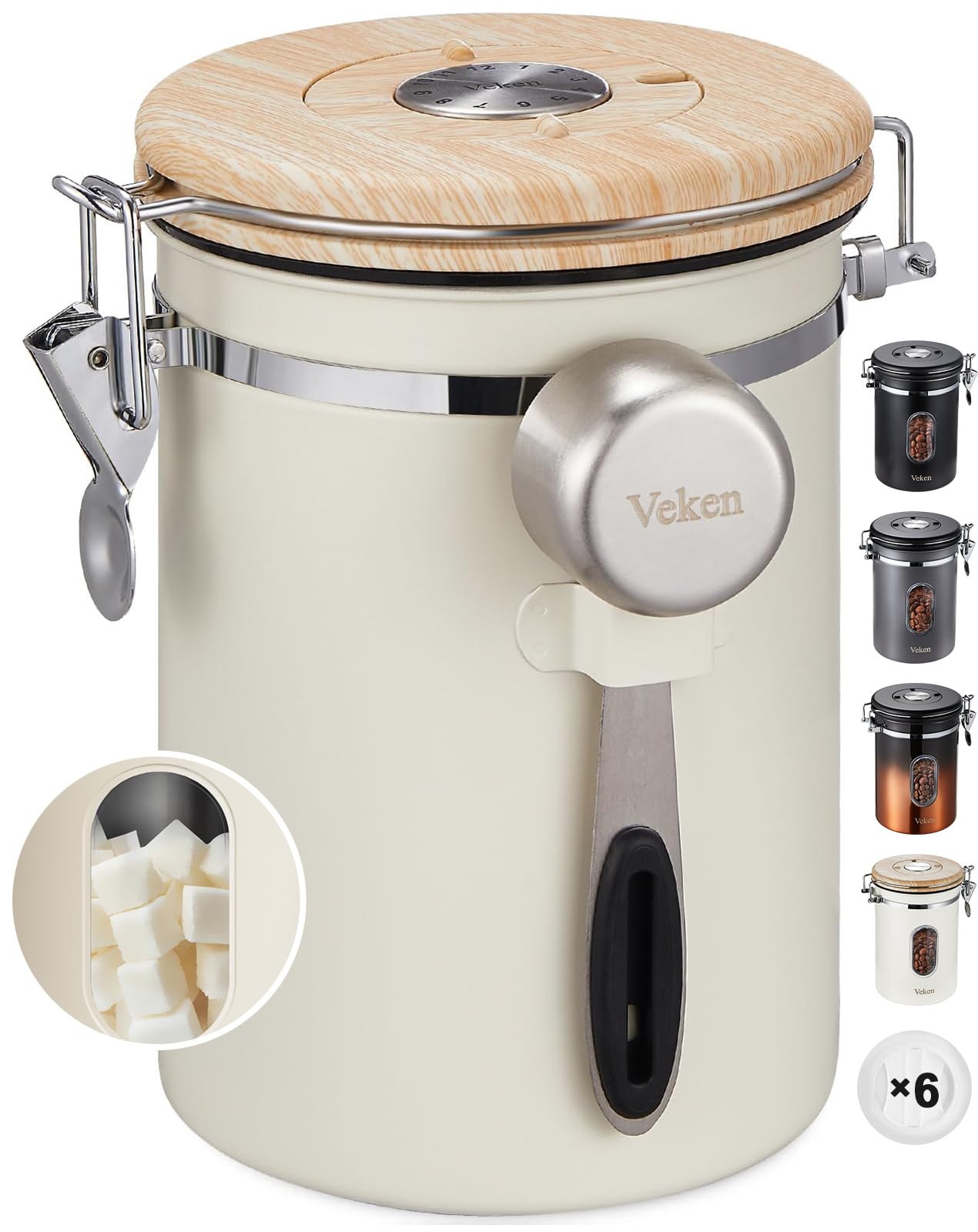 Veken coffee canister window shows freshness at a glance for better brewing.