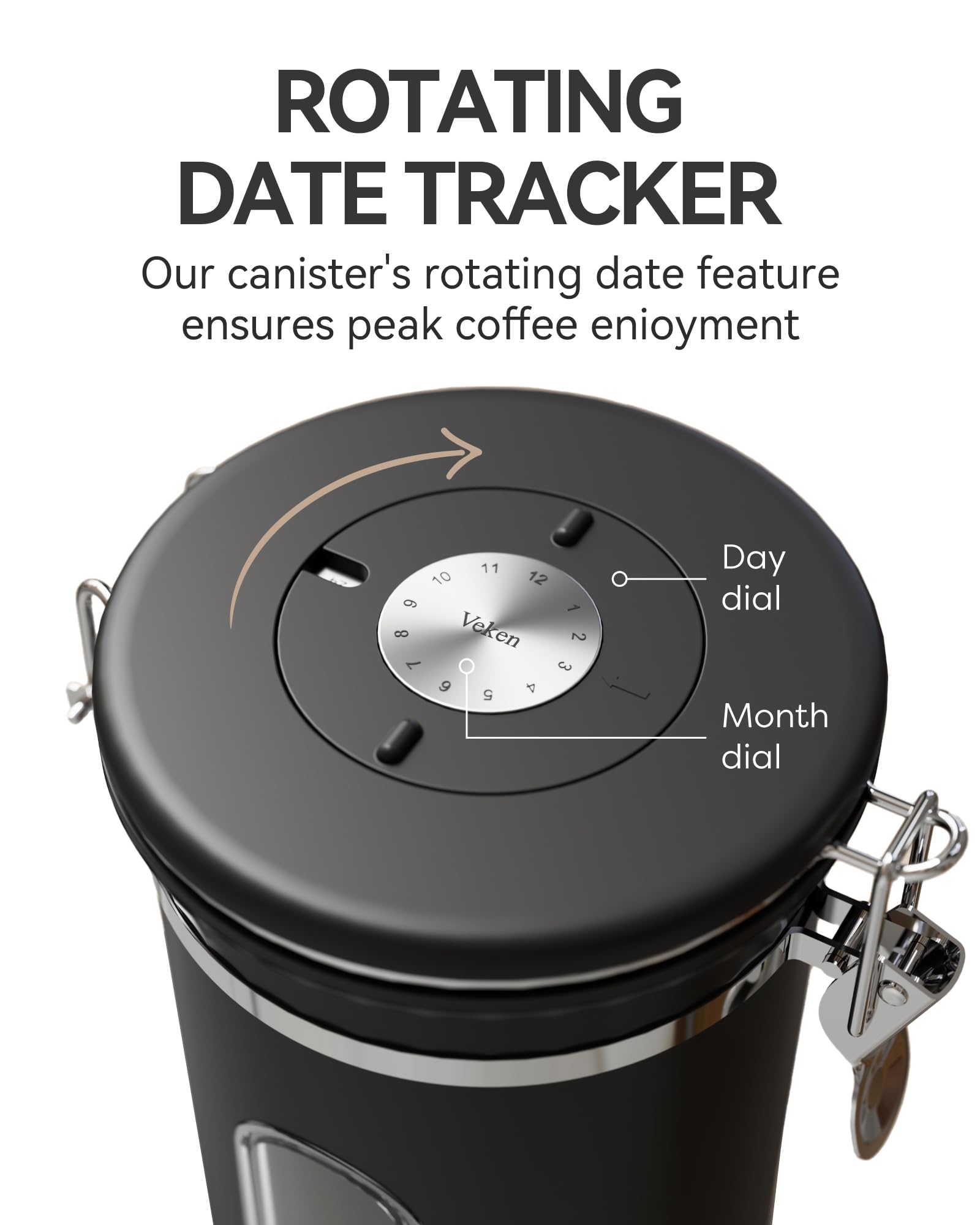 Veken coffee scoop attached to canister for quick measuring.