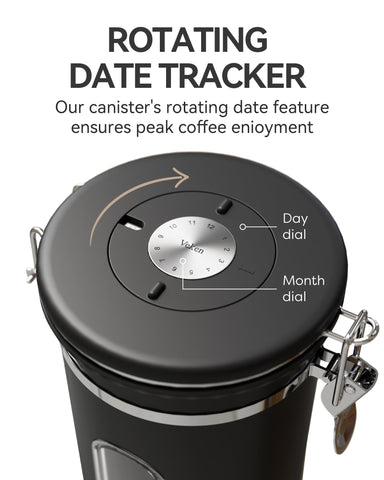 Veken coffee scoop attached to canister for quick measuring.