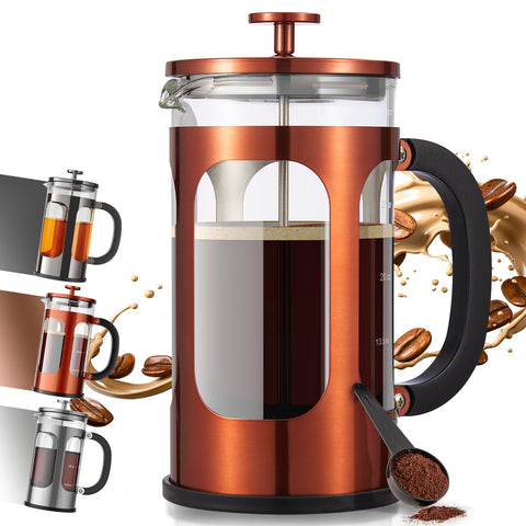 Veken French Press copper exterior showcases durable, stylish design for hot mornings and travel.