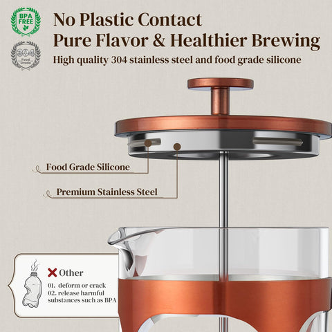 Veken French Press 34oz glass carafe close-up highlights heat-resistant borosilicate clarity for hot or cold brews.