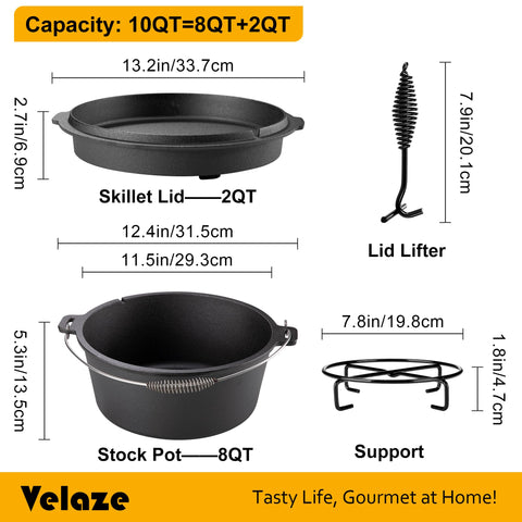 Velaze 10QT Dutch oven lid inverted as griddle for versatile cooking