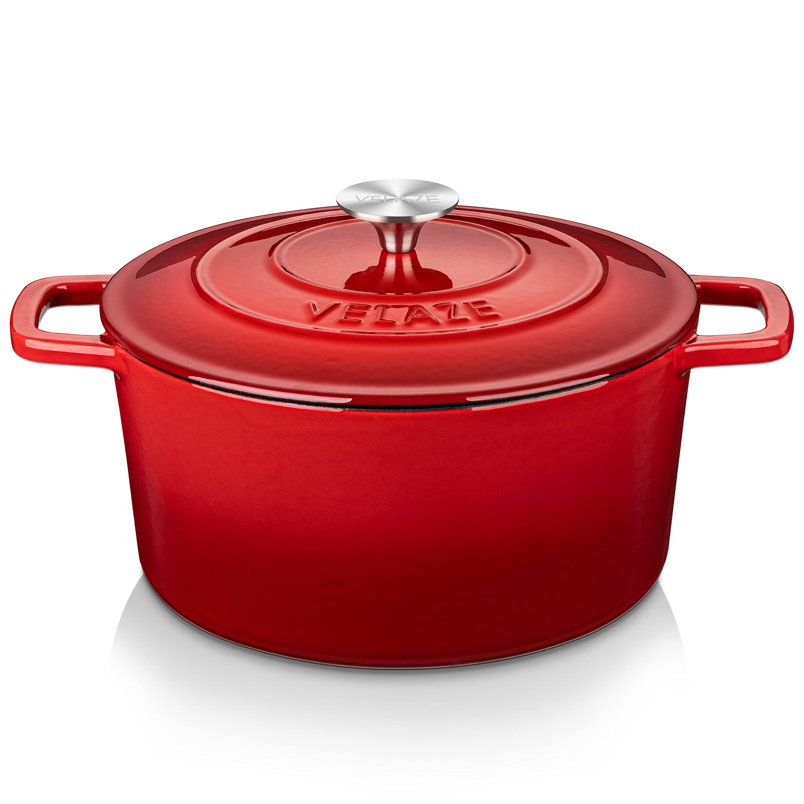 Velaze 6 Qt enameled Dutch oven in red with durable construction for even heat.