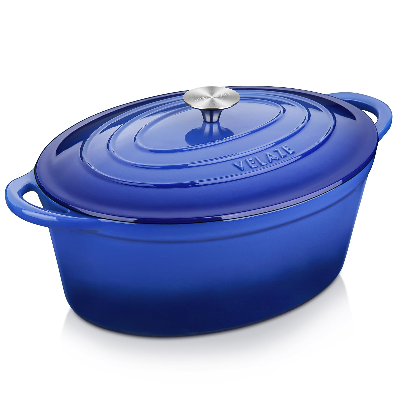 Velaze 7.5 qt enamelled oval Dutch oven with blue lid for even heat