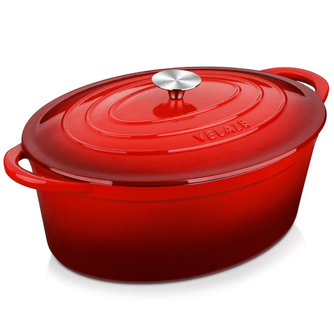 Velaze 7.5qt enameled oval Dutch oven with lid in red for versatile cooking