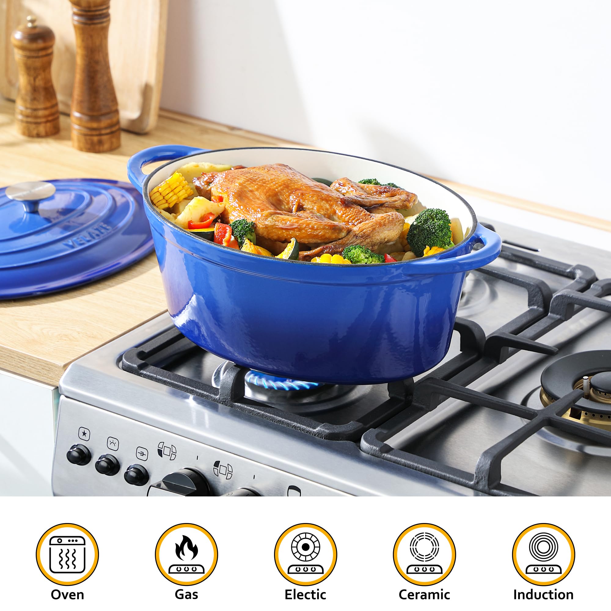 Velaze oven safe to 500°F supports baking, roasting, and searing