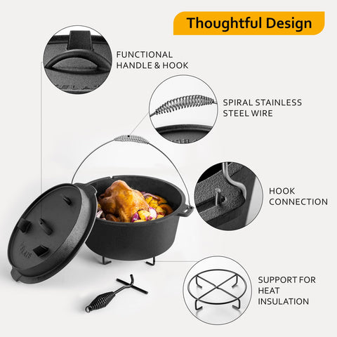 Velaze Dutch oven spiral handle reduces heat transfer for safe lifting