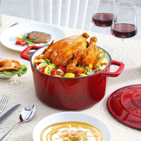 Velaze Dutch oven shown on stovetop and in oven for versatile cooking.