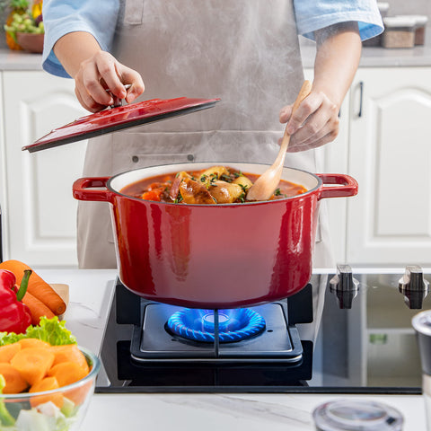 Velaze Dutch oven on table showcasing elegant presentation and ready-made dish.