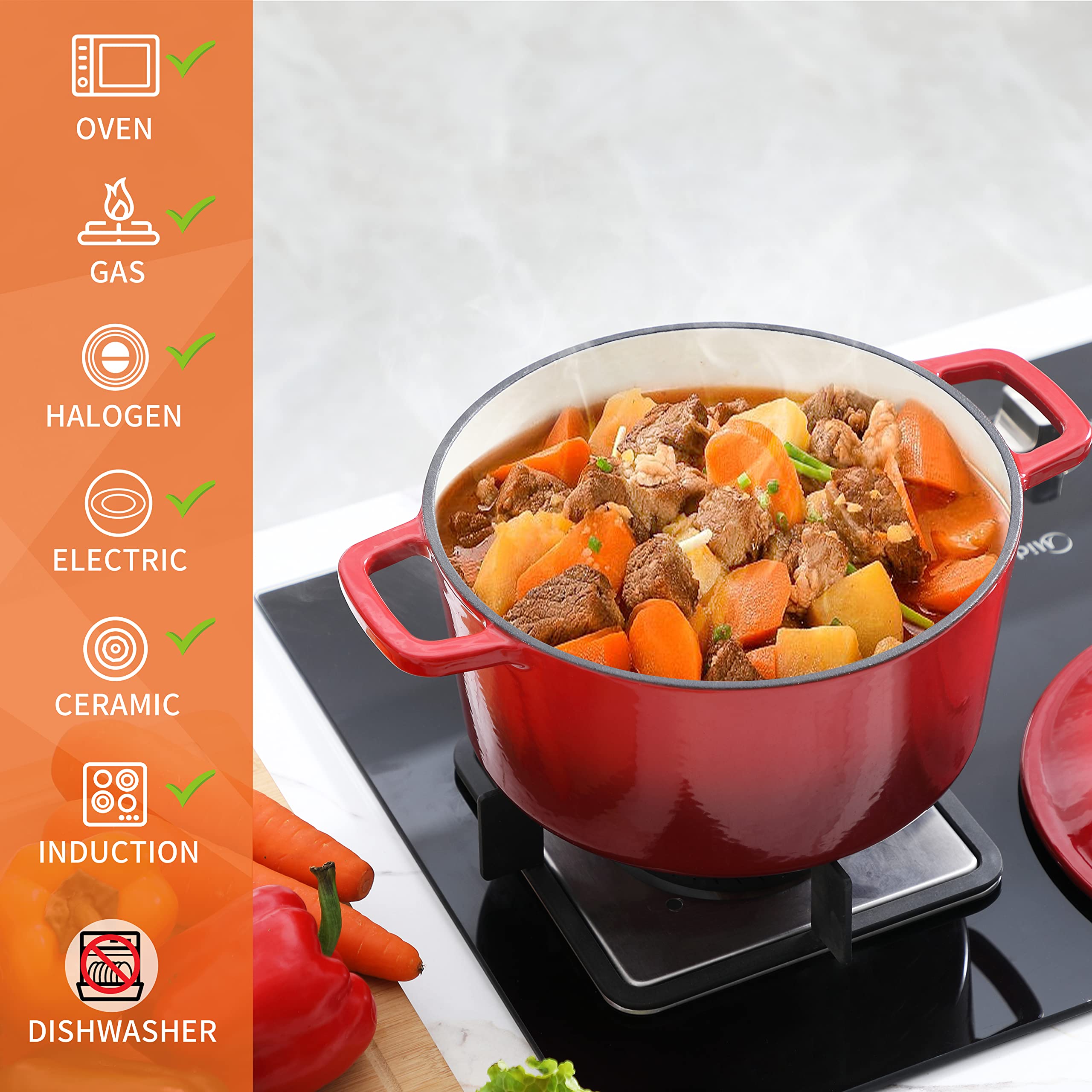 Velaze Dutch oven with wide handle in red for safe, comfortable grip.