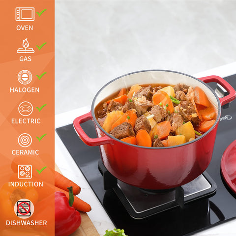 Velaze Dutch oven with wide handle in red for safe, comfortable grip.