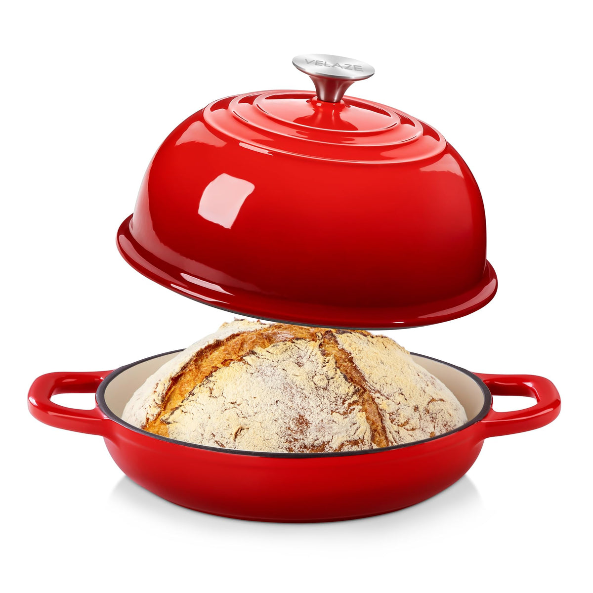 Velaze enameled cast iron Dutch oven red shown for even heat