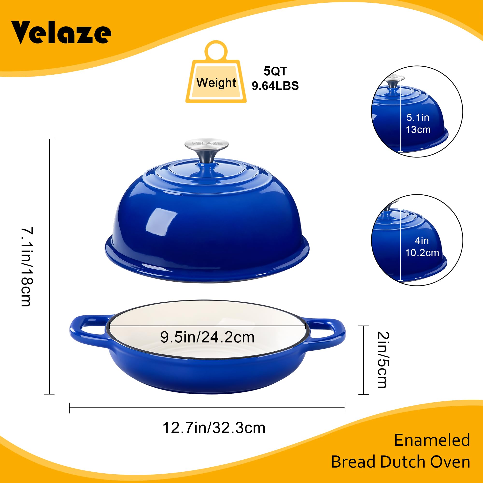 Velaze enameled Dutch oven 5qt crusty bread blue promotes a golden crust.