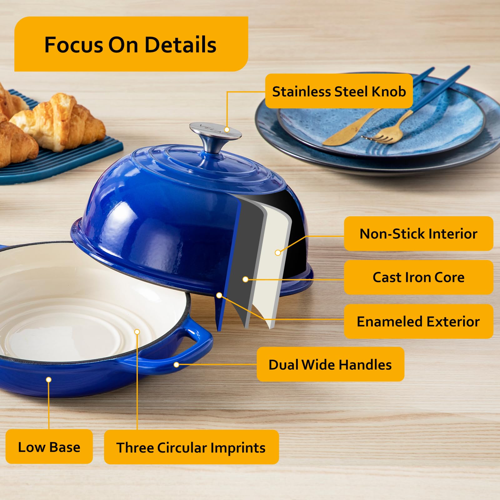 Velaze enameled Dutch oven 5qt lid-knob blue precise lid control during cooking.