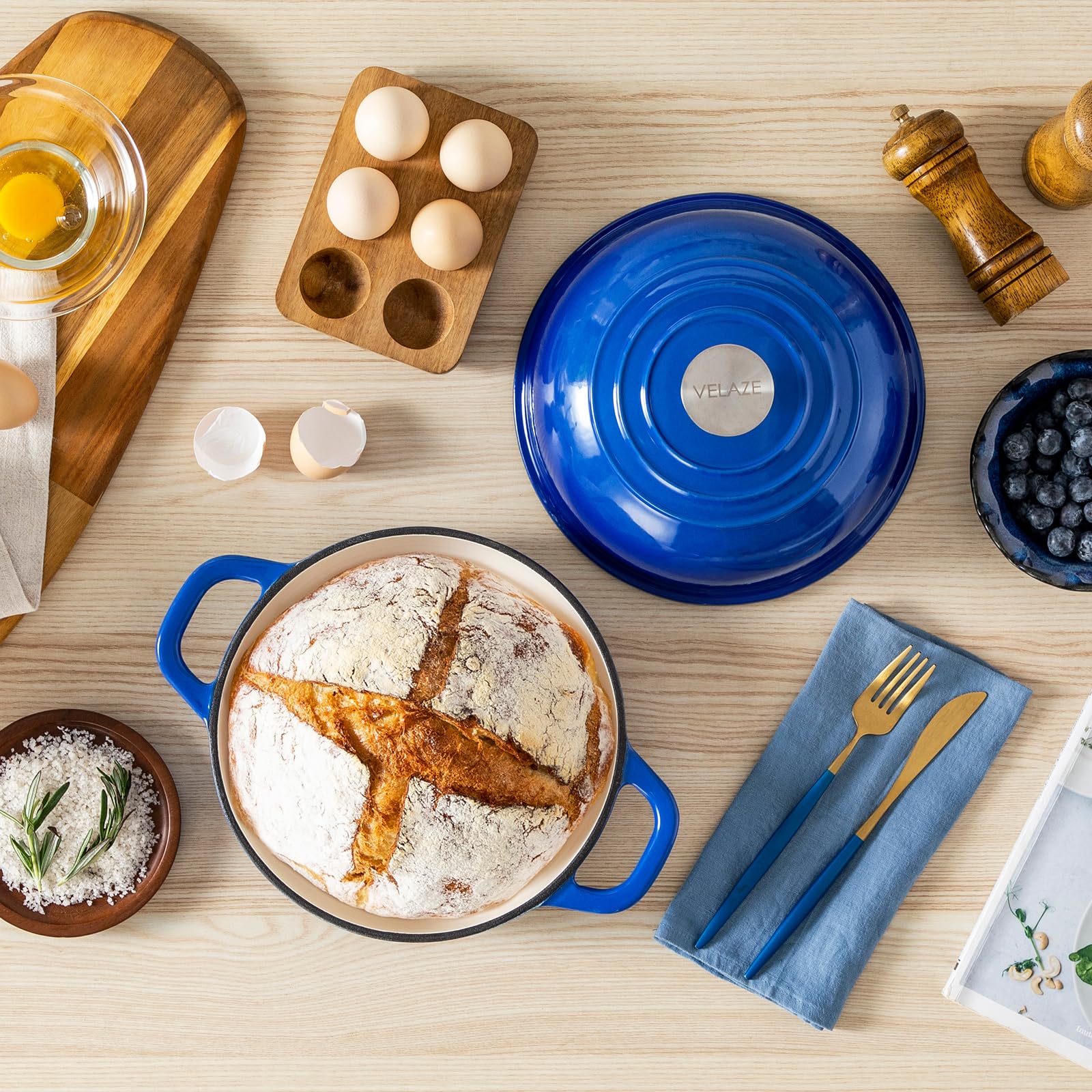 Velaze enameled Dutch oven 5qt table-ready blue transitions from kitchen to table.