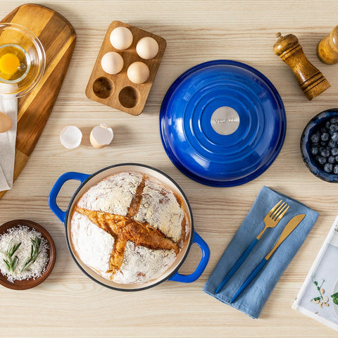 Velaze enameled Dutch oven 5qt table-ready blue transitions from kitchen to table.