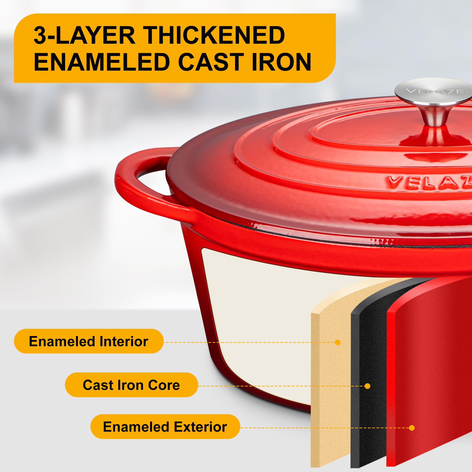 Velaze stovetop-to-oven Dutch oven in red with dual handles for easy transitions
