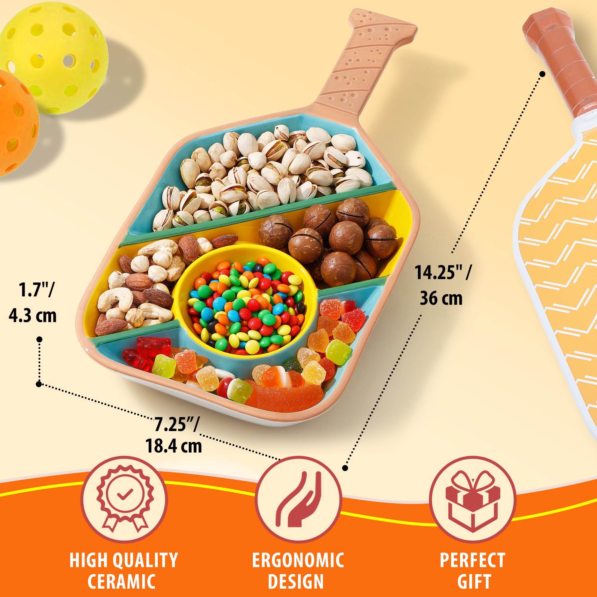 VELENTI paddle-shaped serving dish with built-in dip section keeps dips organized