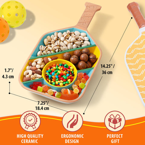 VELENTI paddle-shaped serving dish with built-in dip section keeps dips organized