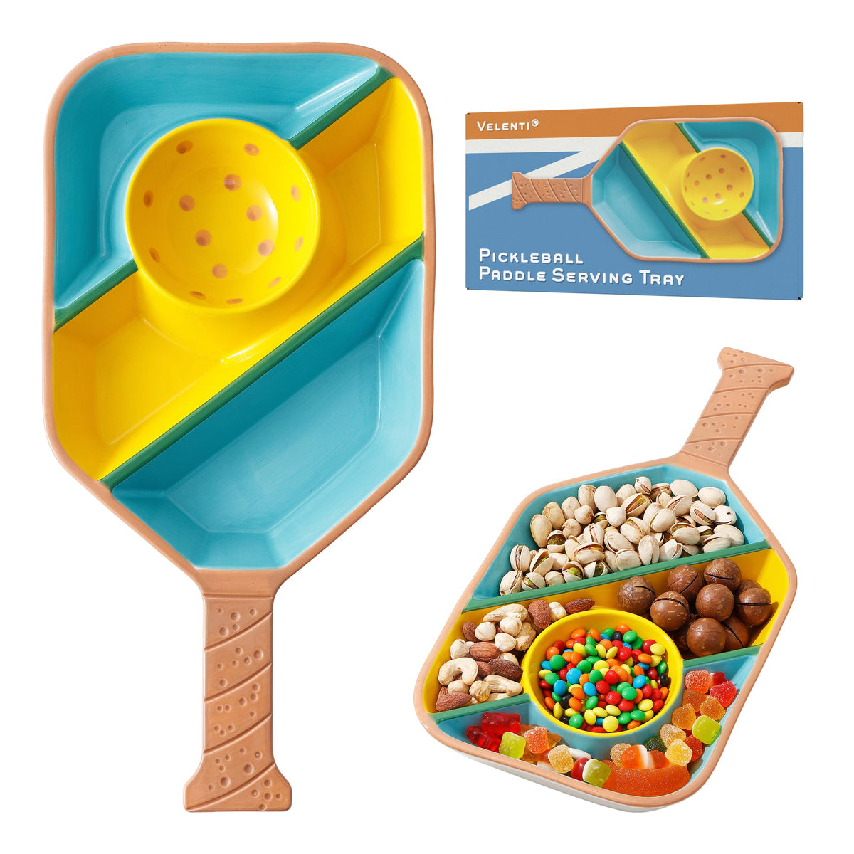VELENTI pickleball paddle snack tray displays snacks stylishly for game nights