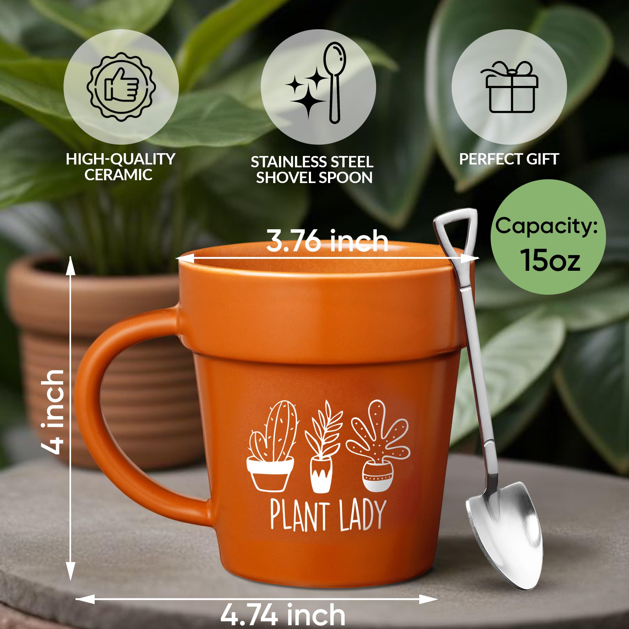 VELENTI plant lovers mug with decorative metallic shovel, ideal for desk or coffee