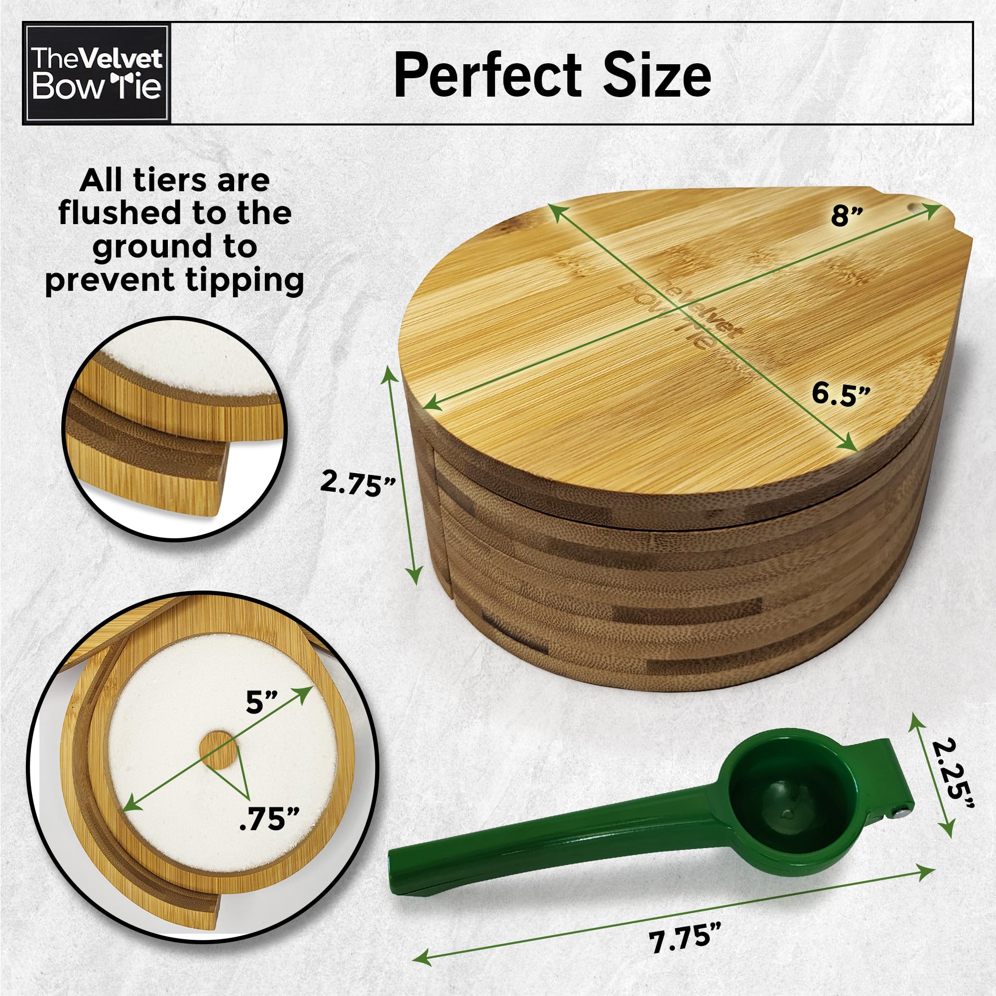 The Velvet Bow Tie bamboo wood design highlights durable bar accessories.