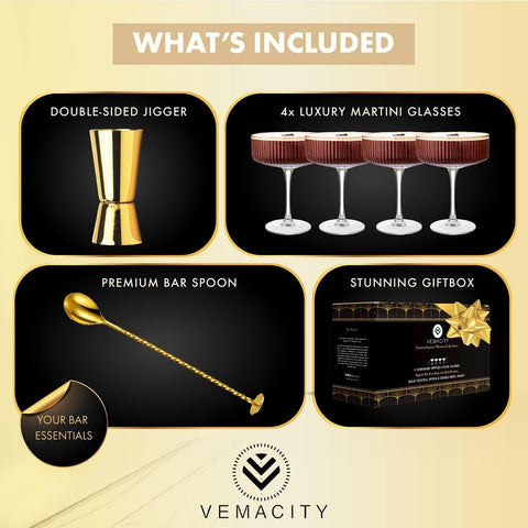 Hand-wash recommended for VEMACITY glasses to preserve the gold finish.