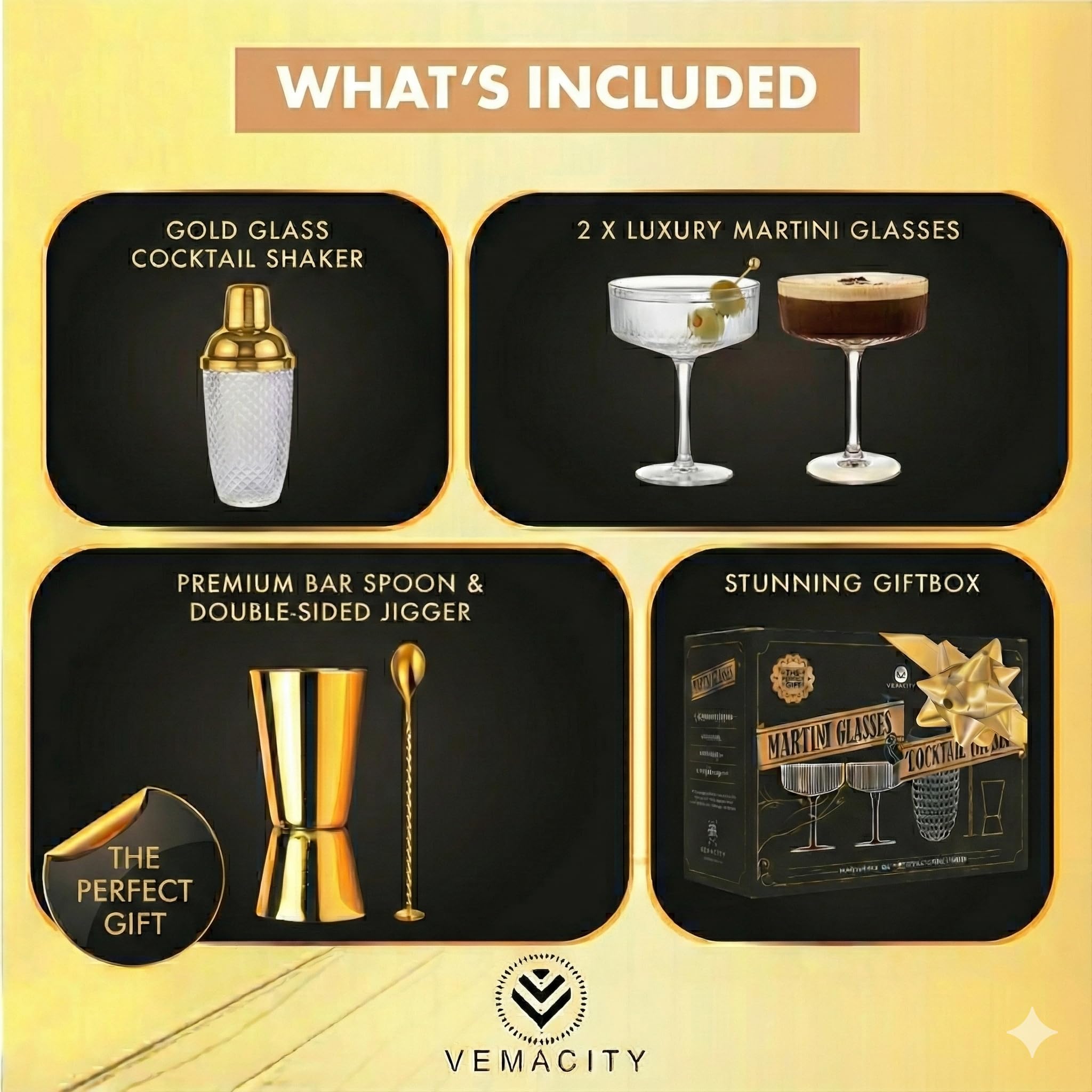 Vemacity espresso martini glasses with gold rims for elegant presentations.