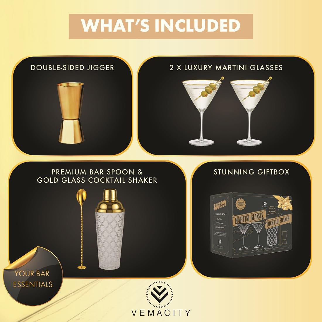 VEMACITY espresso martini glasses ribbed with gold rims for elegant coffee cocktails