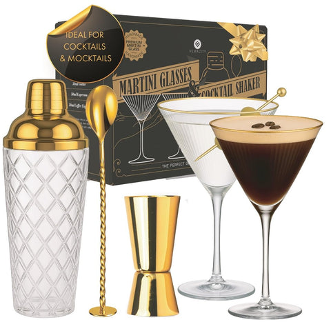VEMACITY glass cocktail shaker 16oz with gold lid for crystal-clear pours