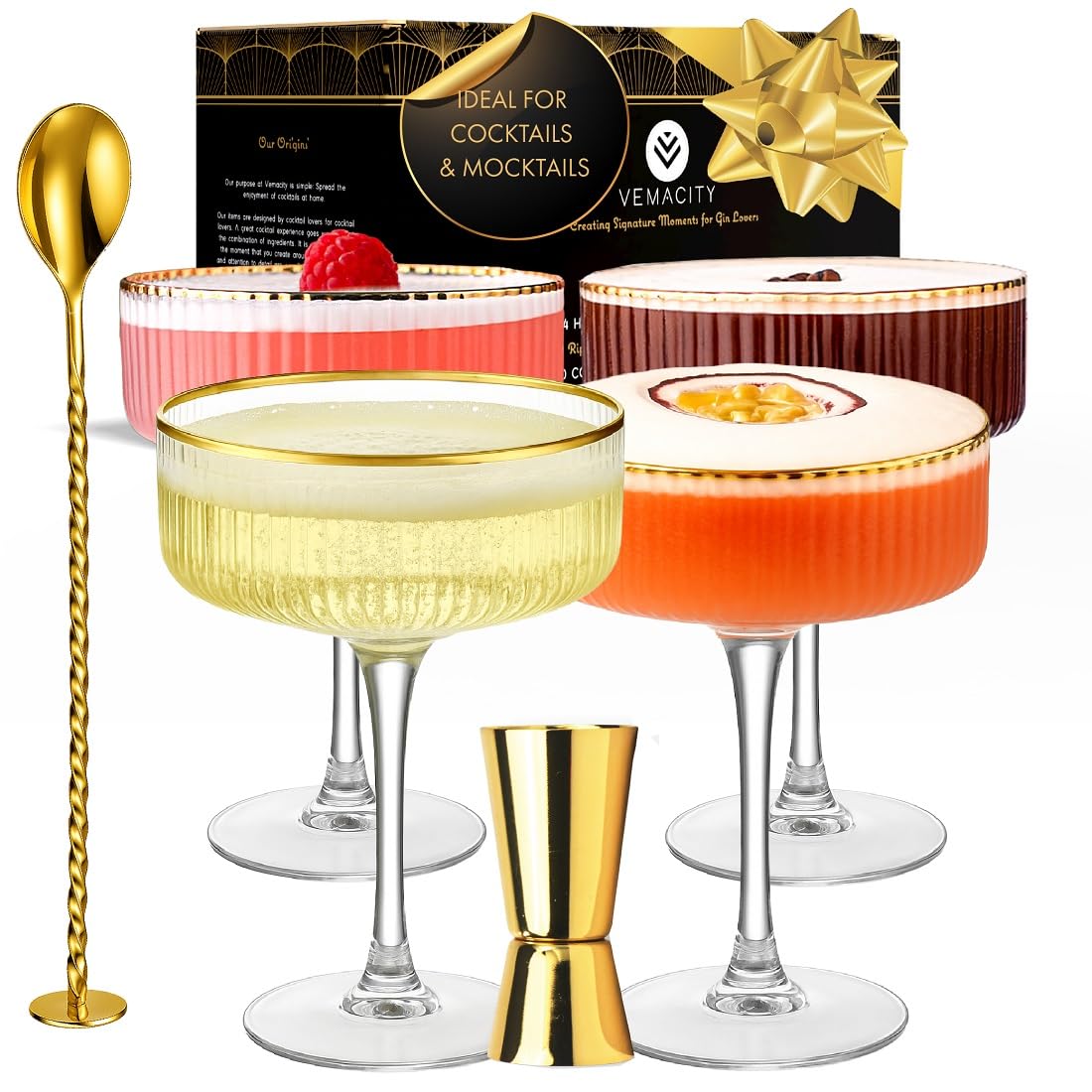 VEMACITY ribbed espresso martini glasses with gold rims for elegant home cocktails.