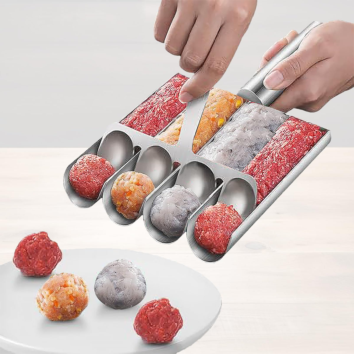 VEMJO 4-in-1 meatball maker creates four uniform balls quickly for batch meals.