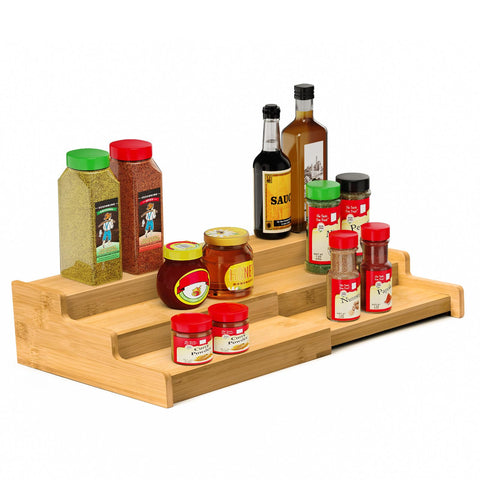 VenDotbi 3-tier expandable bamboo spice rack inside a cabinet for organized spice storage