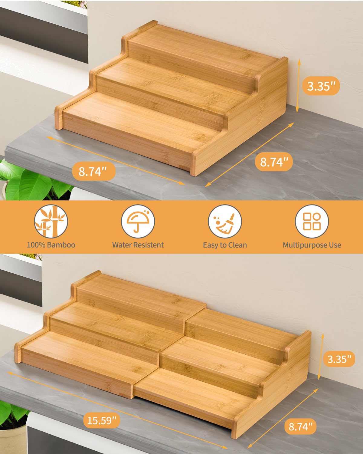 VenDotbi three-tier bamboo rack holds jars, cans, and bottles neatly
