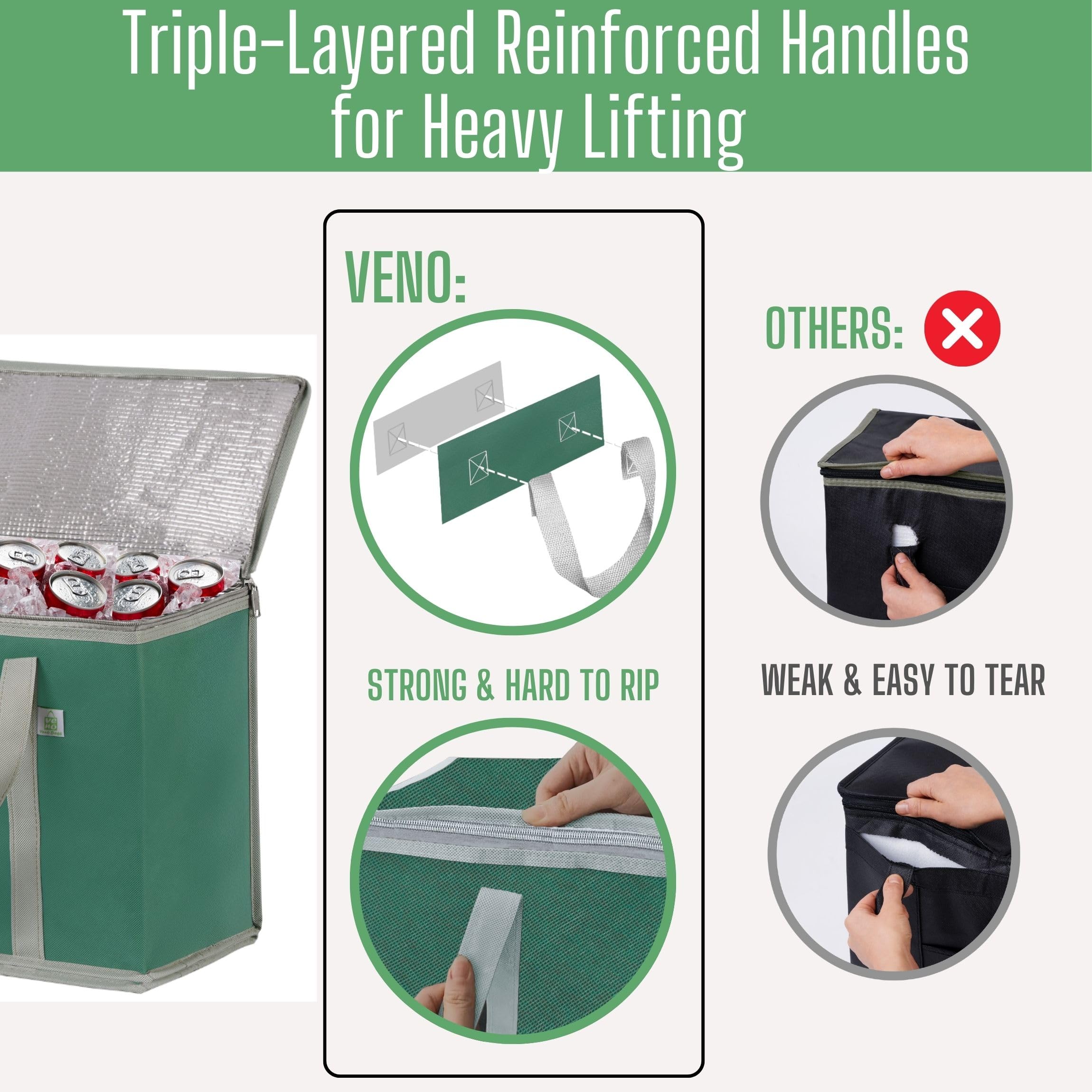 Veno 2-Pack cooler bags reinforced handles for heavy loads.