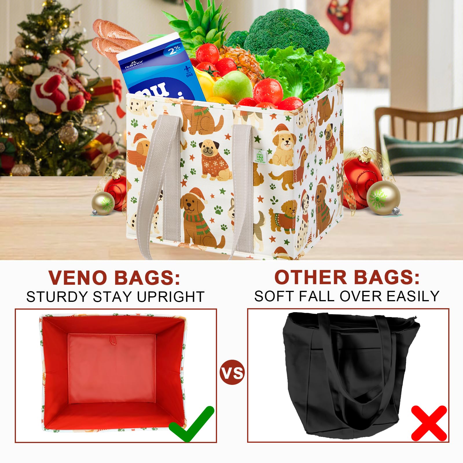 Six-gallon capacity ideal for groceries, gifts, and festive treats.