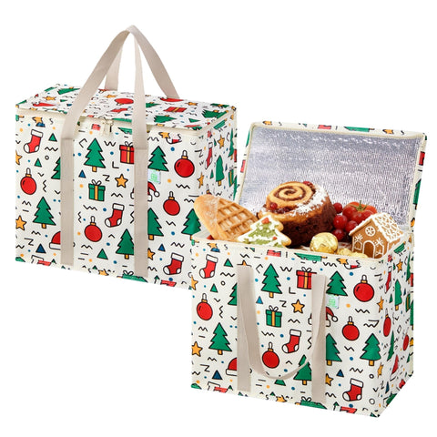 VENO Christmas cooler bag 2-pack front view, ideal for holiday grocery hauls and gifting.