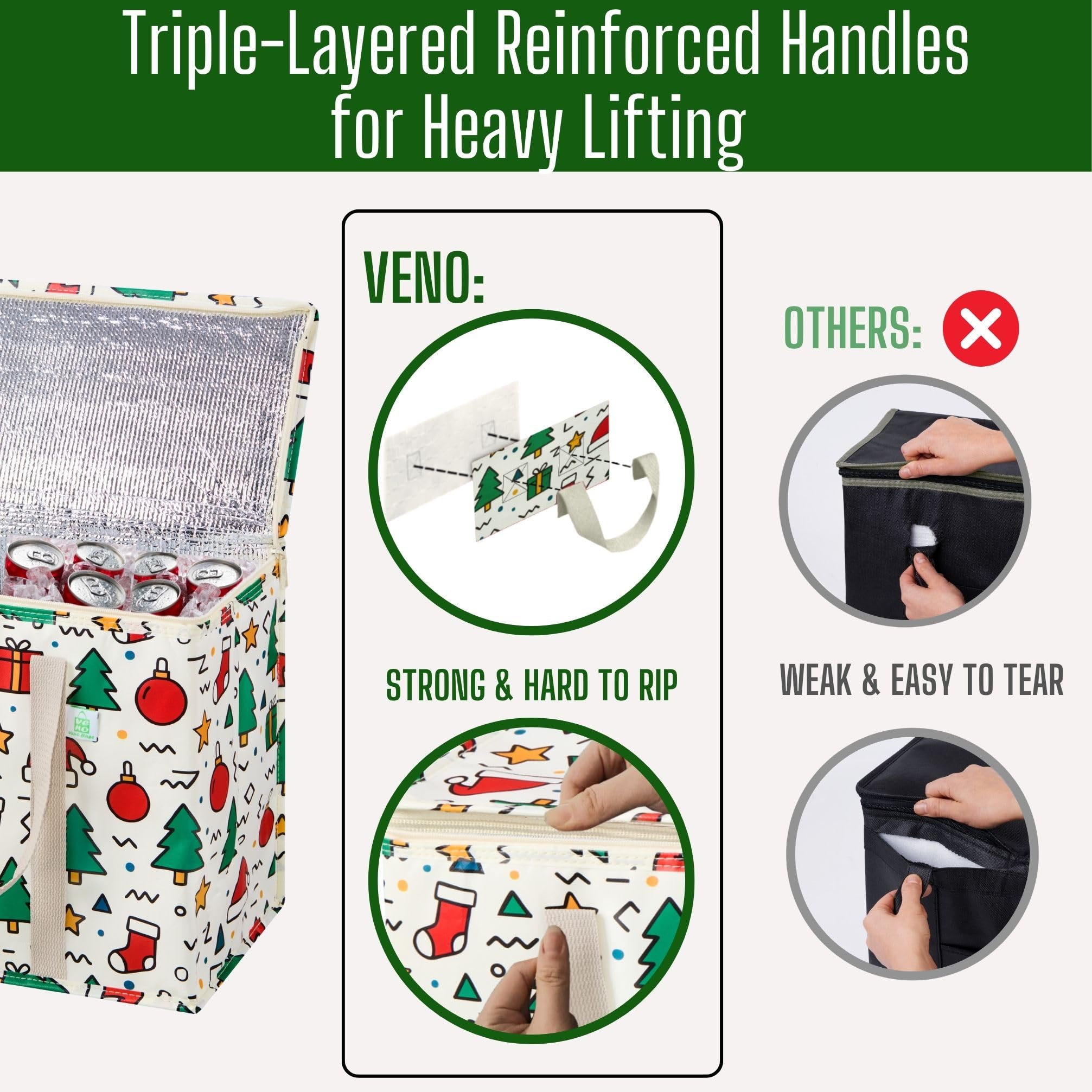 VENO heavy-duty handles image highlights strength for heavy groceries.