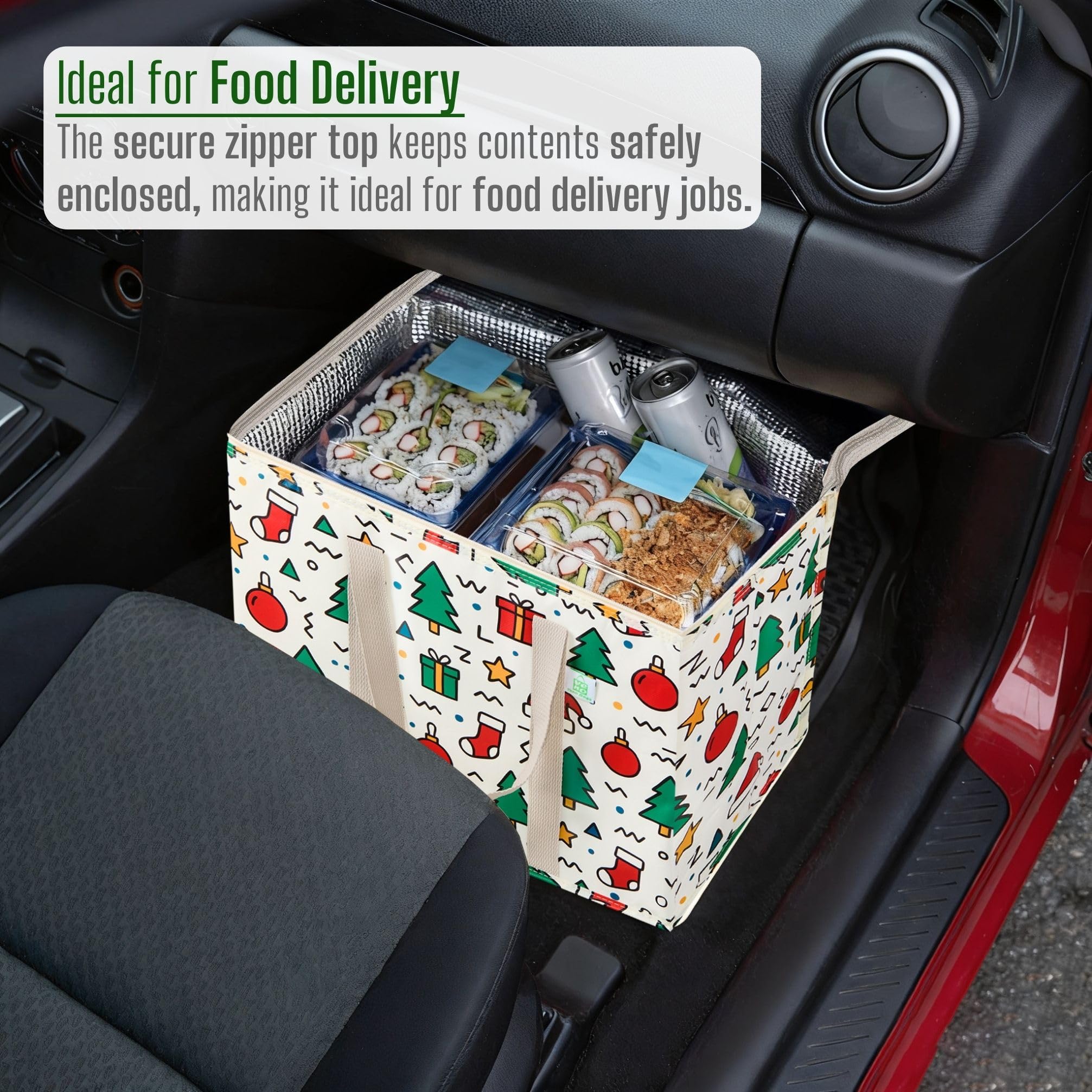 VENO reusable bag in trunk scene shows easy storage after holiday shopping.