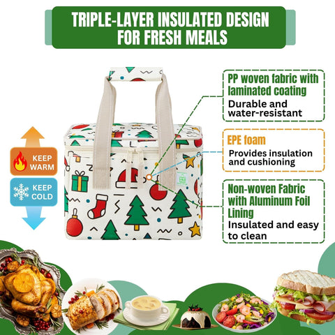 VENO Christmas lunch bag inside capacity demonstrates space for boxes and snacks.