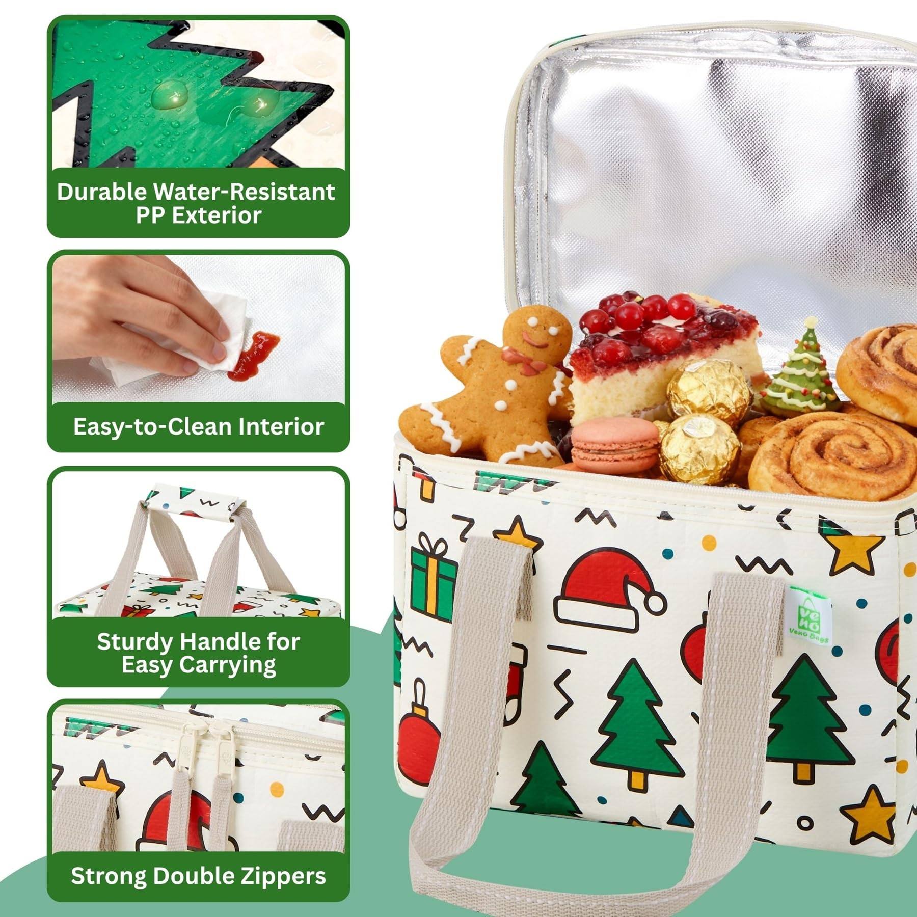 VENO Christmas lunch bag material texture emphasizes water resistance.
